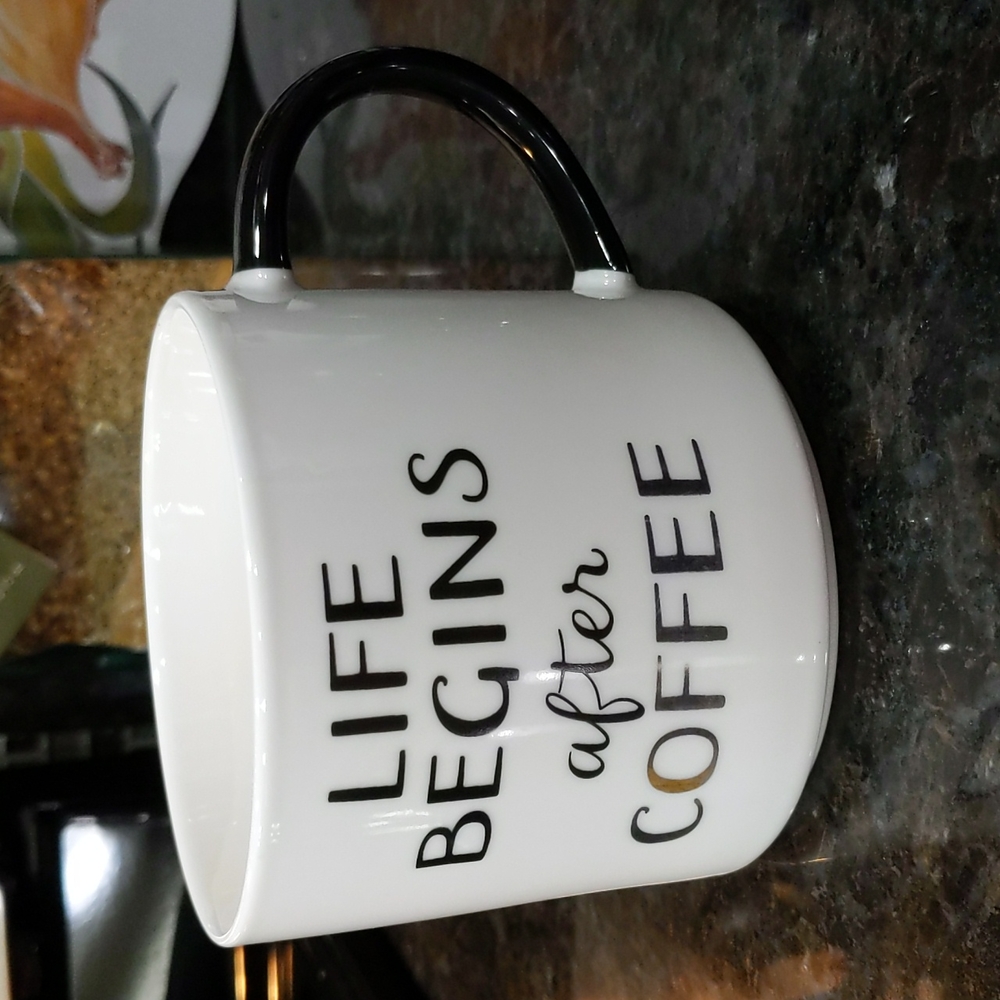 Life Begins after Coffee White Black Metallic Porcelain Coffee Tea Mug